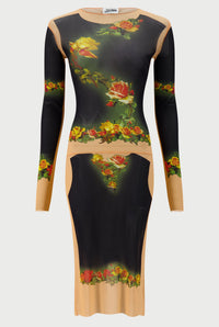 Robe Flower imprimée en tulle - Beige & Black