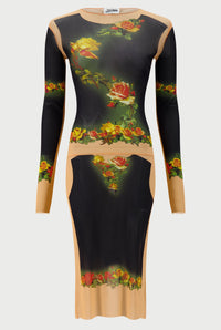 Robe Flower imprimée en tulle - Beige & Black