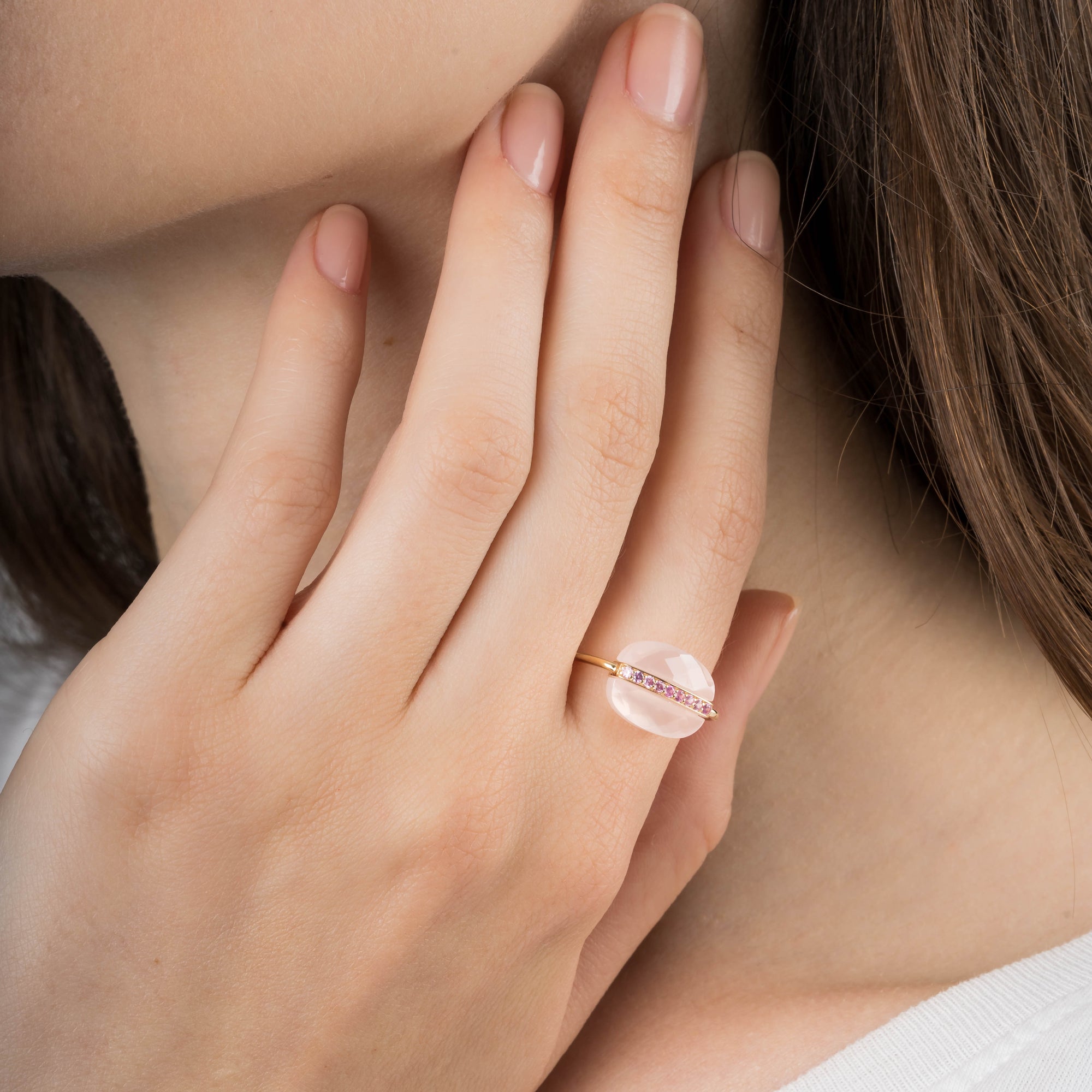 Yellow Gold & Quartz Aurora Ring with Sapphire - Light Pink