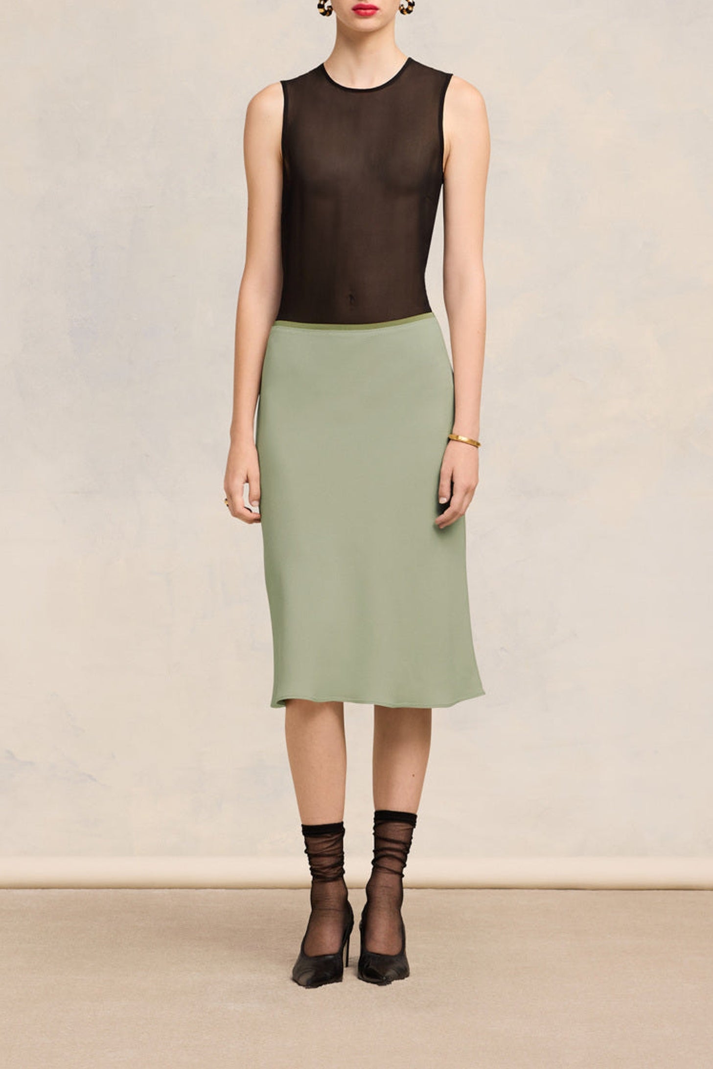 Jupe midi avec taille élastiquée - Sage