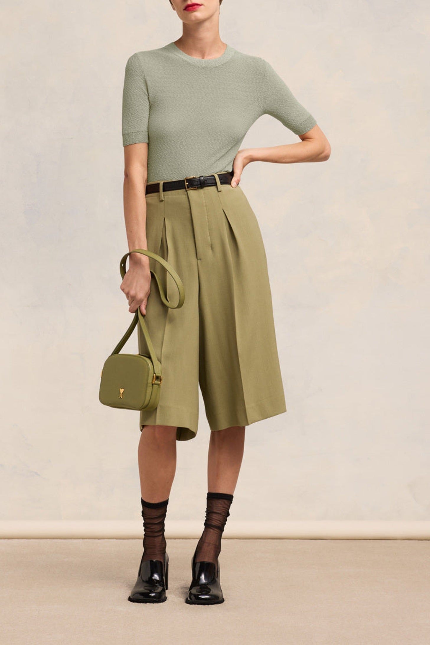 T-shirt col rond crop bouclé - Sage