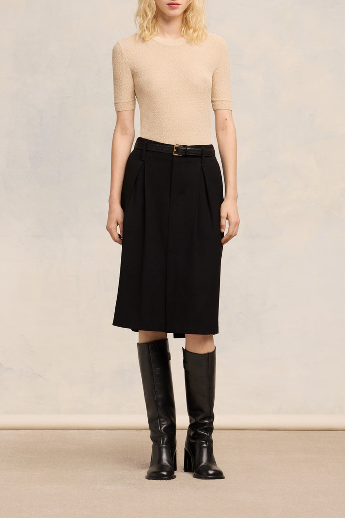 T-shirt col rond crop bouclé - Cream