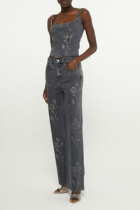 Pantalon à décoration florale en cristaux - Black Wash Denim