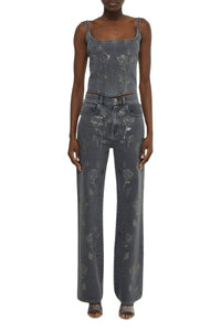 Pantalon à décoration florale en cristaux - Black Wash Denim