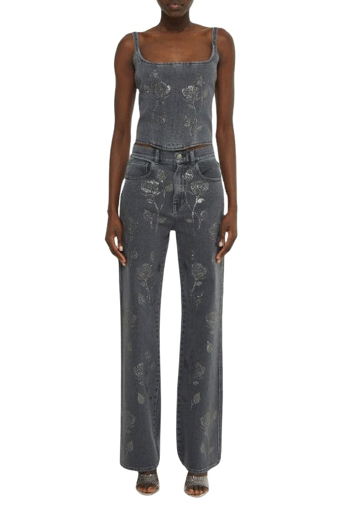 Pantalon à décoration florale en cristaux - Black Wash Denim