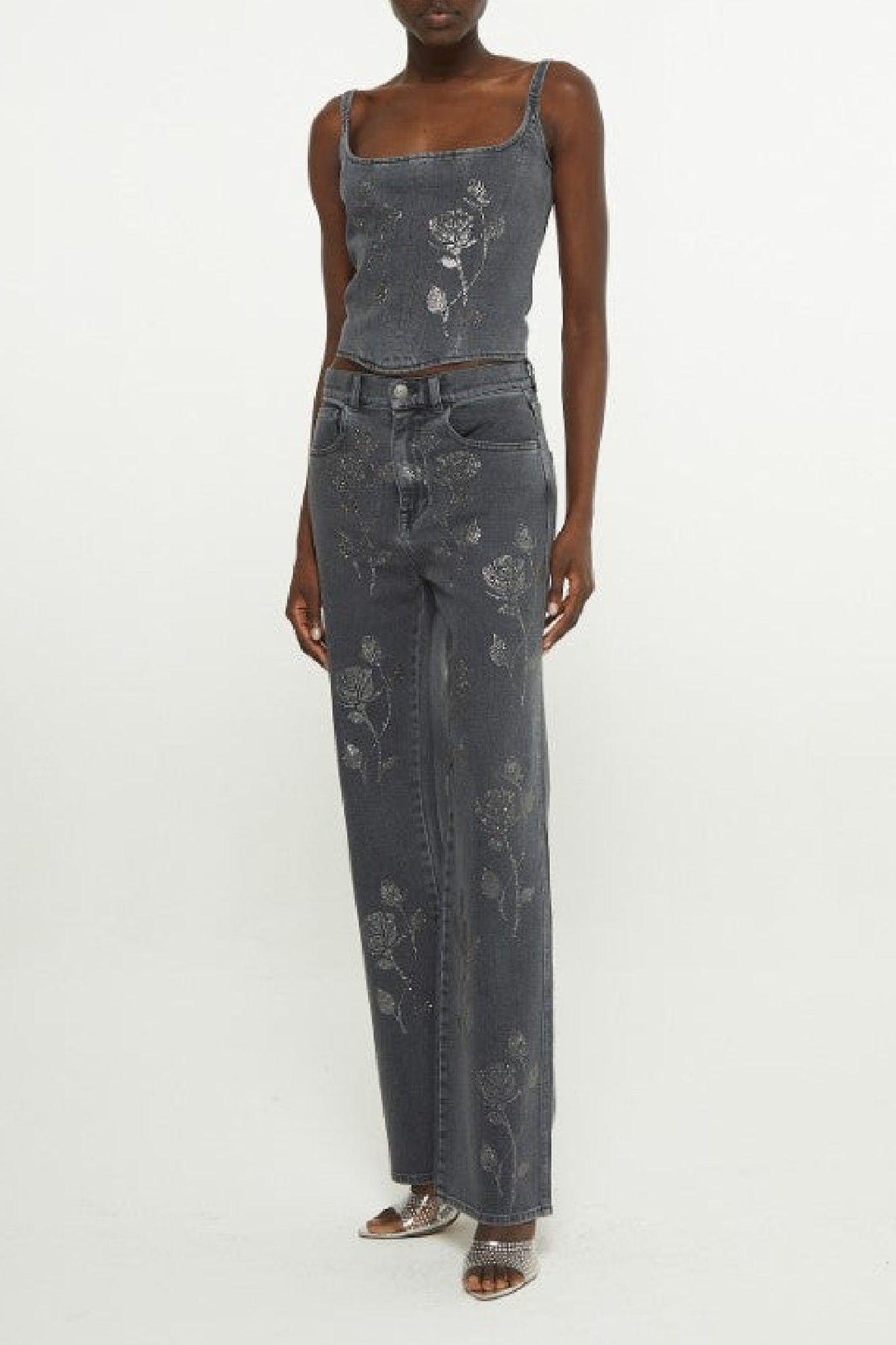 Pantalon à décoration florale en cristaux - Black Wash Denim