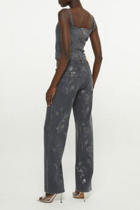 Pantalon à décoration florale en cristaux - Black Wash Denim