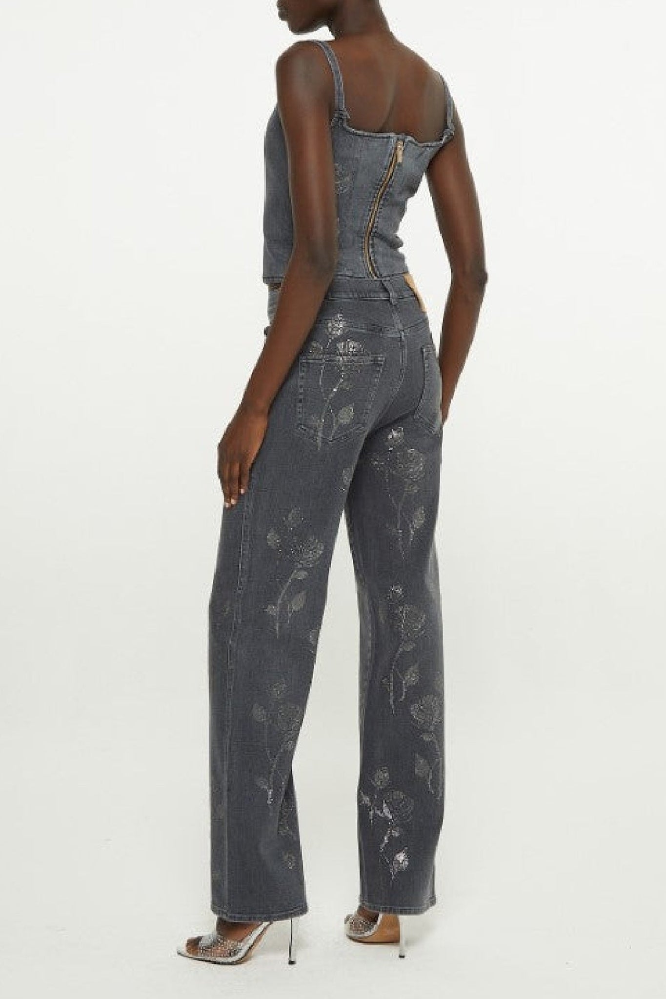 Pantalon à décoration florale en cristaux - Black Wash Denim
