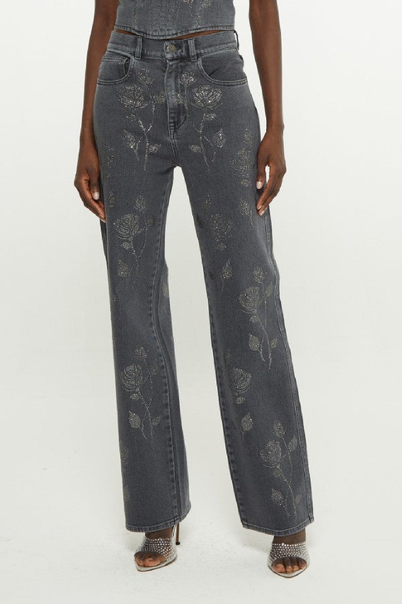 Pantalon à décoration florale en cristaux - Black Wash Denim