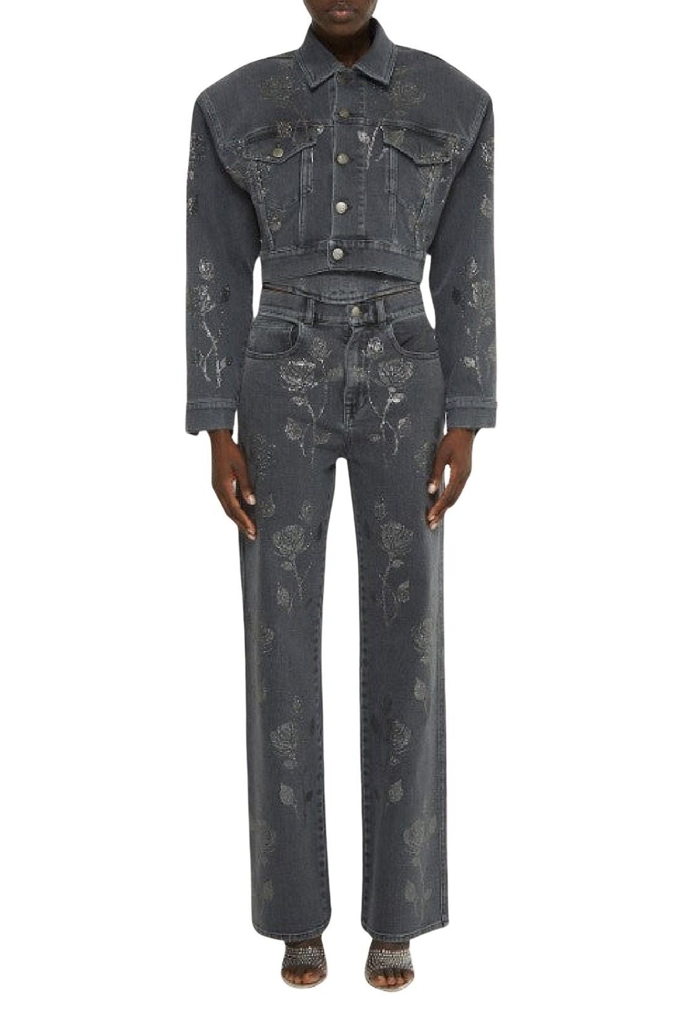 Veste à décoration florale en cristaux - Black Wash Denim