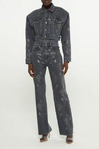 Veste à décoration florale en cristaux - Black Wash Denim