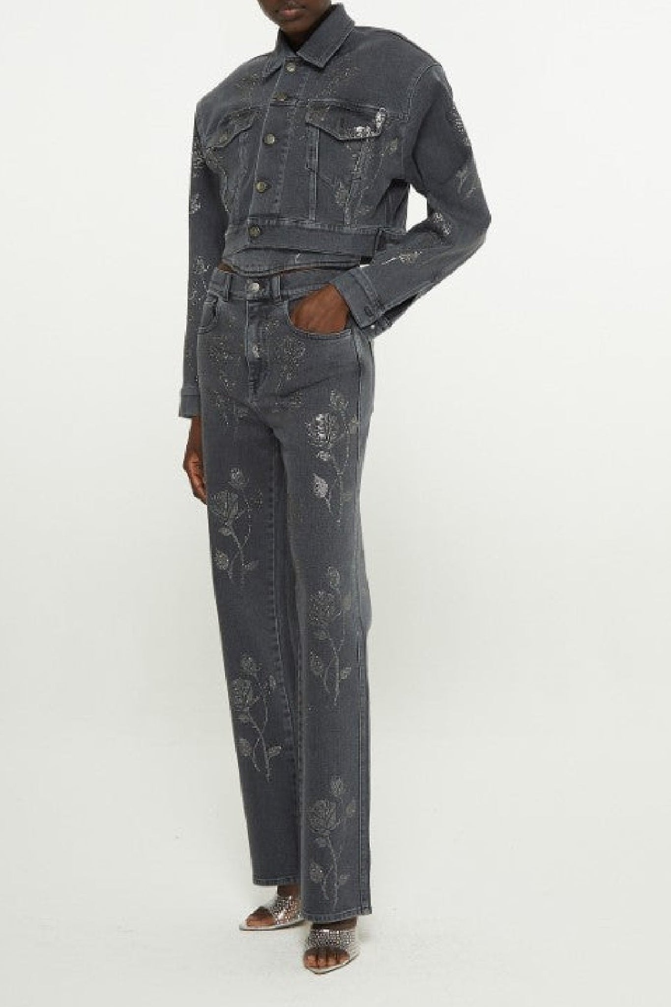 Veste à décoration florale en cristaux - Black Wash Denim