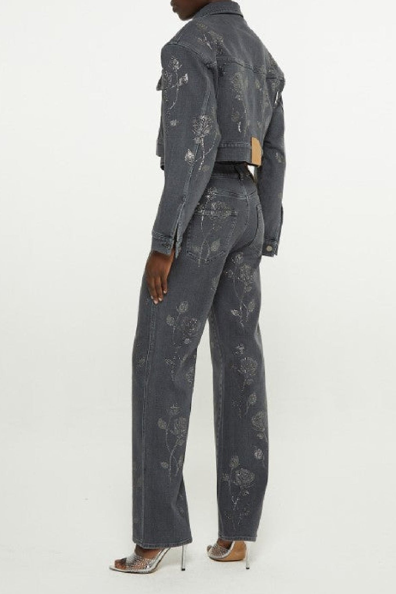 Veste à décoration florale en cristaux - Black Wash Denim
