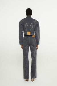 Veste à décoration florale en cristaux - Black Wash Denim