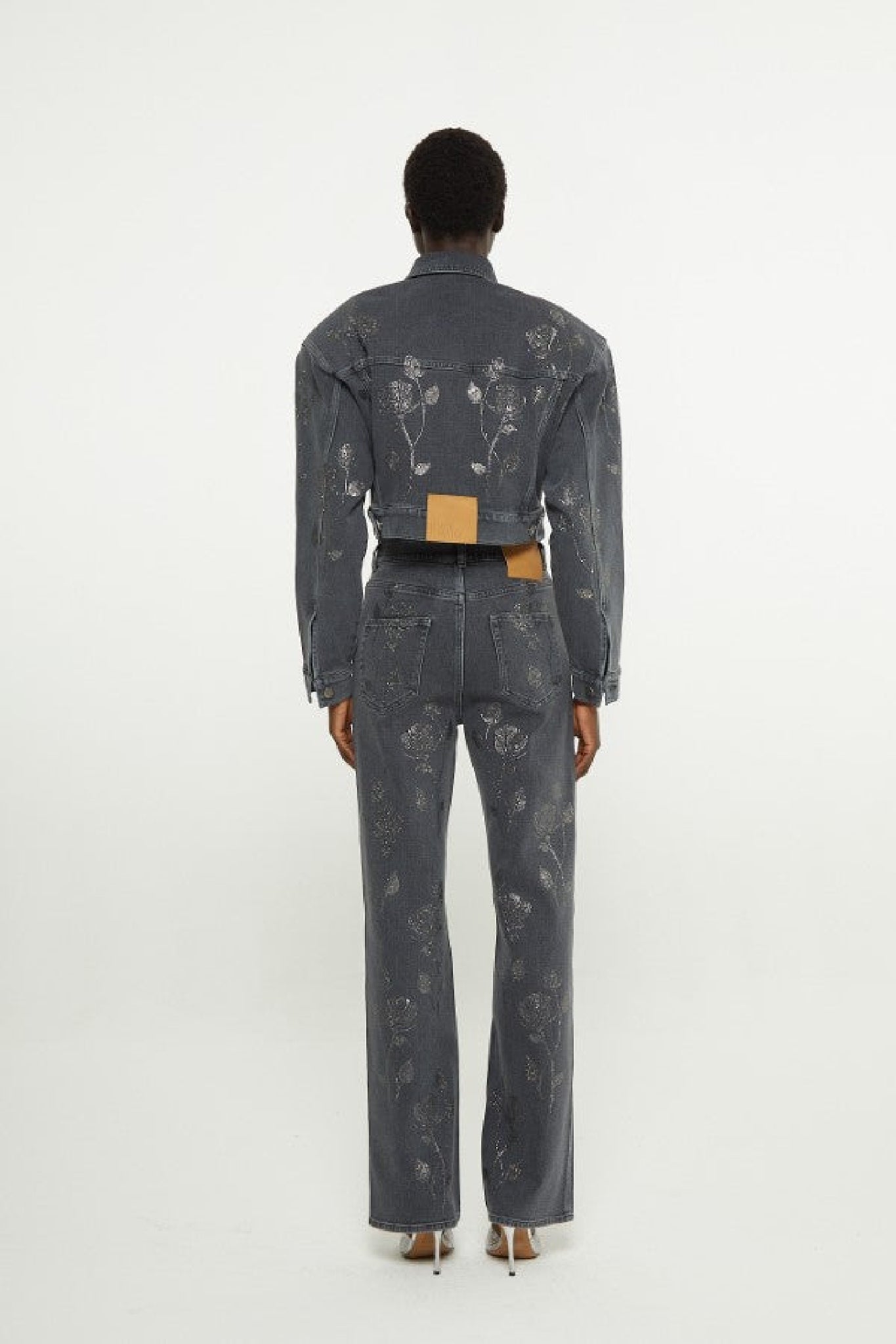 Veste à décoration florale en cristaux - Black Wash Denim