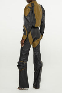 Pantalon à empiècements en cuir - Black & Army Green