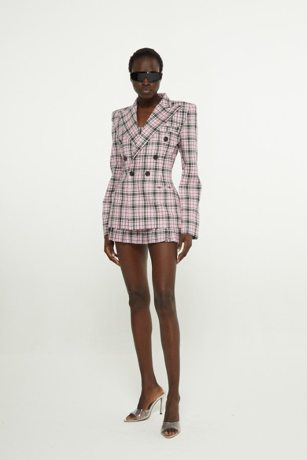 Light pink // Crystal embellishment tartan wool blazer