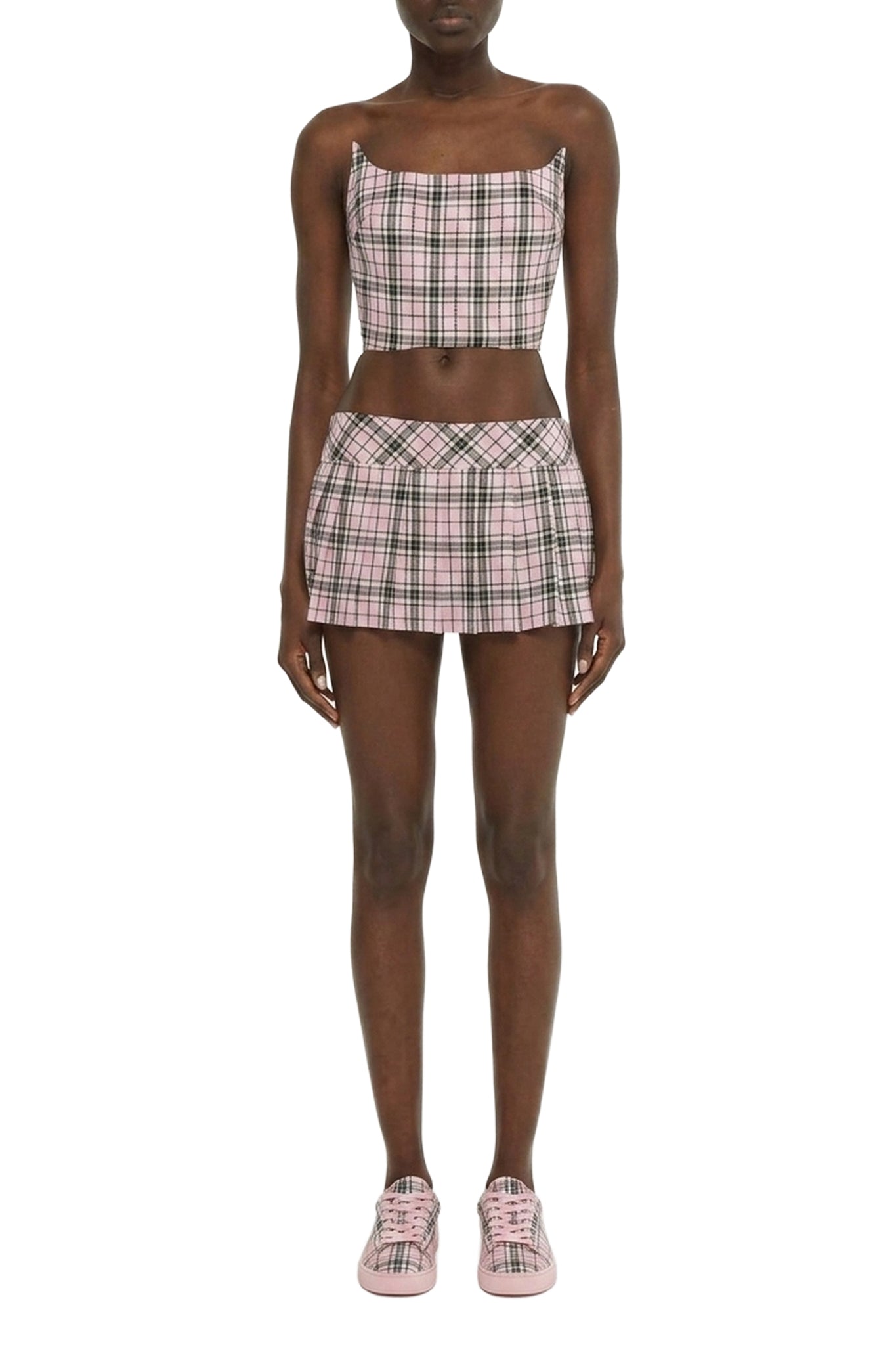 Bustier imprimé tartan à cristaux en laine - Light Pink