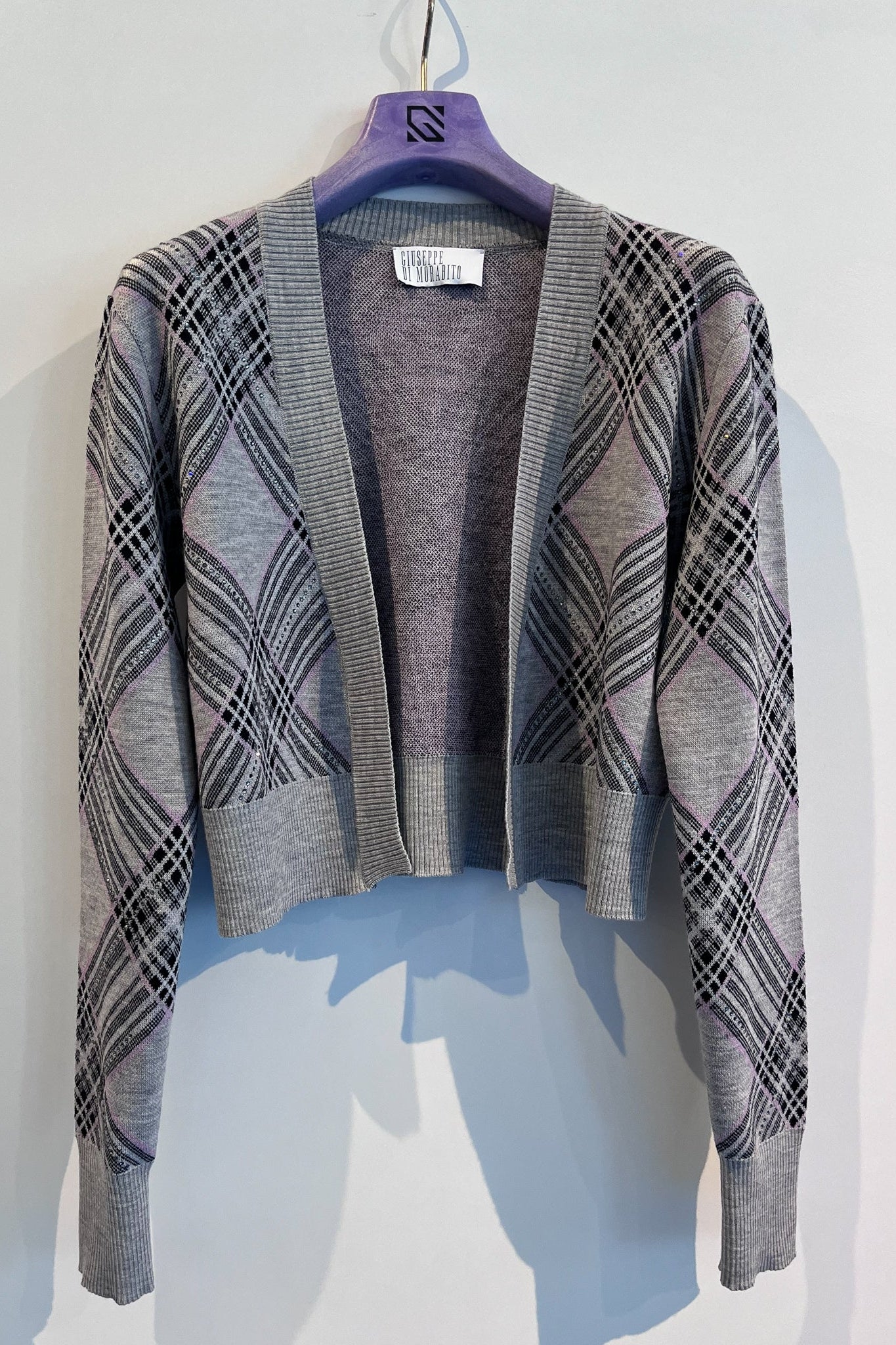 Cardigan court imprimé tartan en laine - Grey