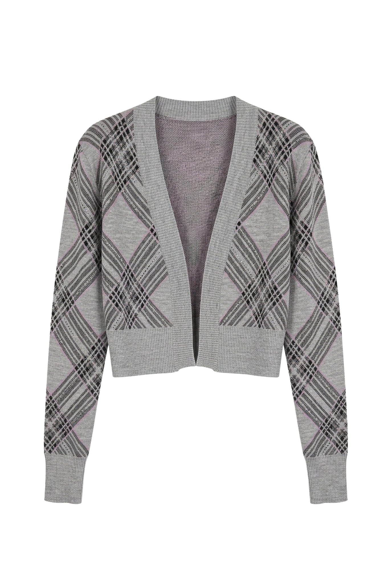Cardigan court imprimé tartan en laine - Grey