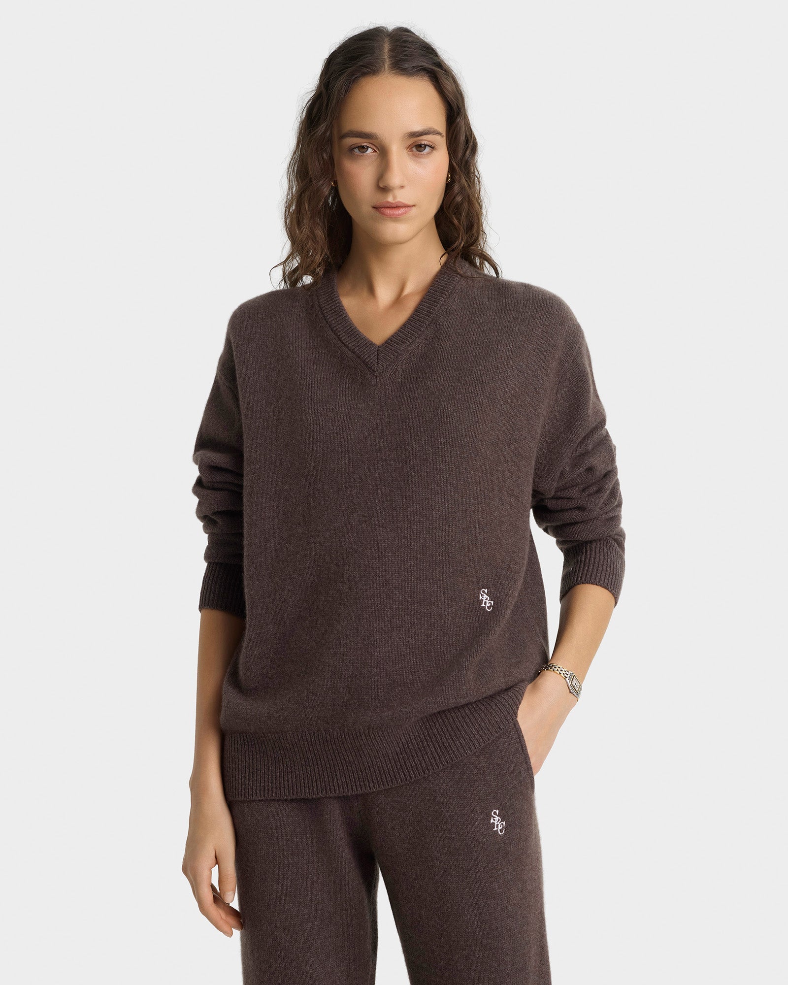 Pull en cachemire à col en V SRC - Caramel