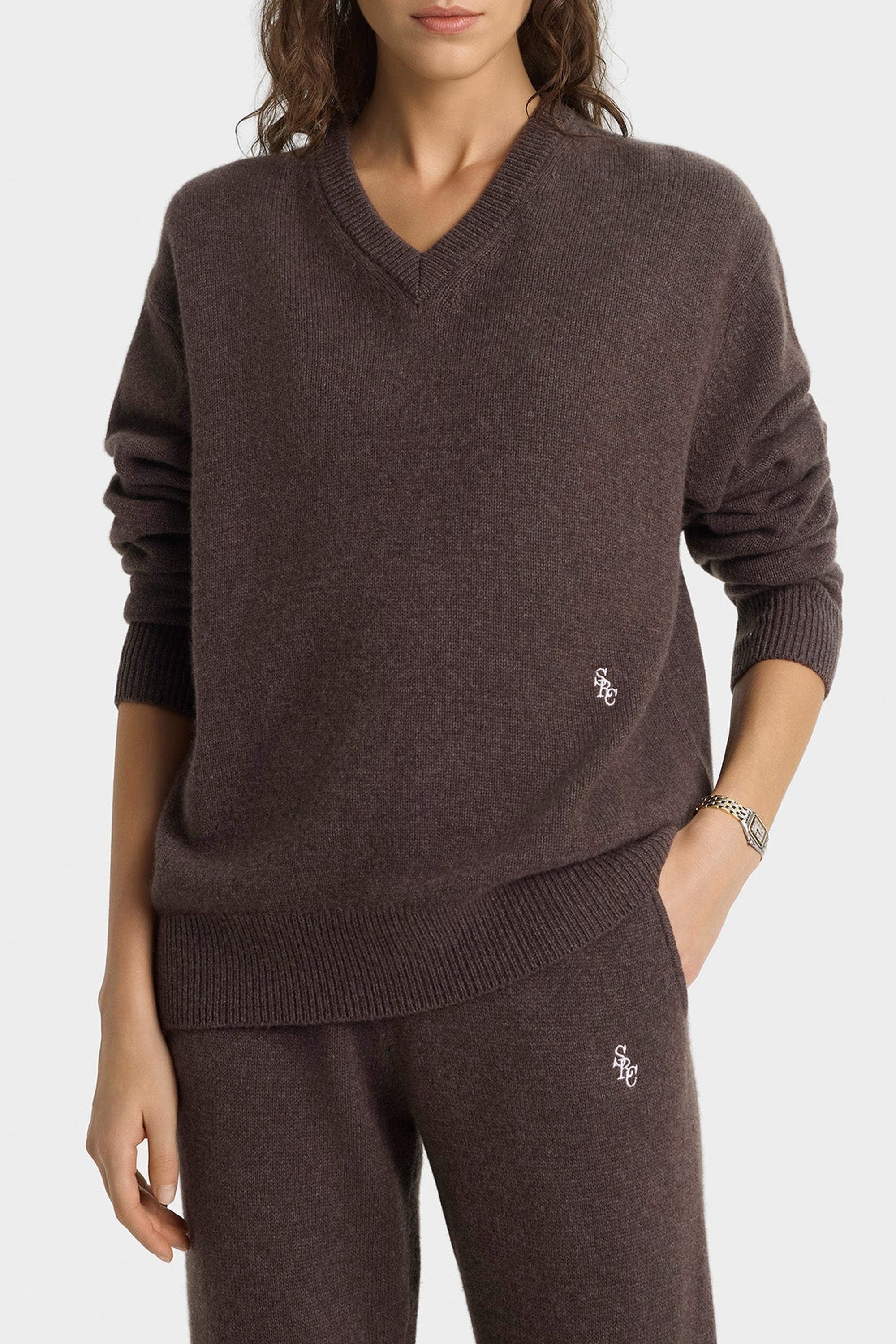 Pull à col V SRC en cachemire - Caramel