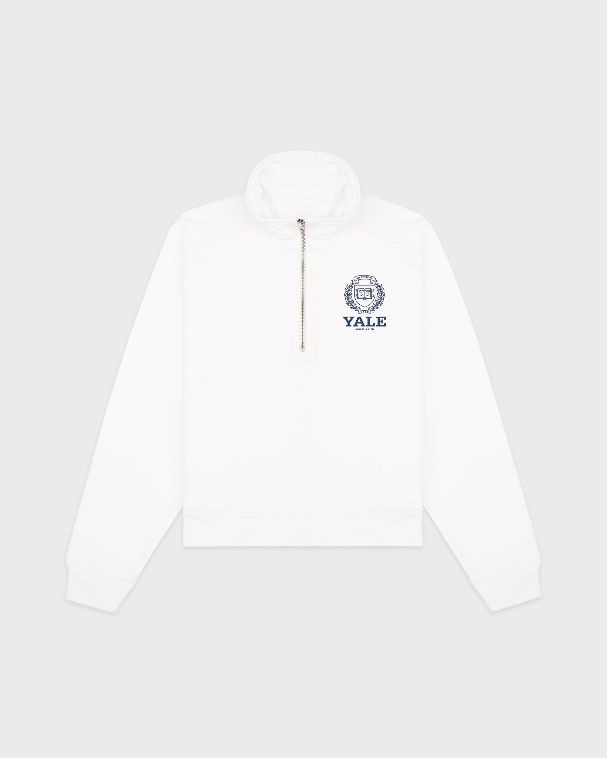 Pull à fermeture éclair quart de longueur Yale Crest - Blanc/Bleu marine
