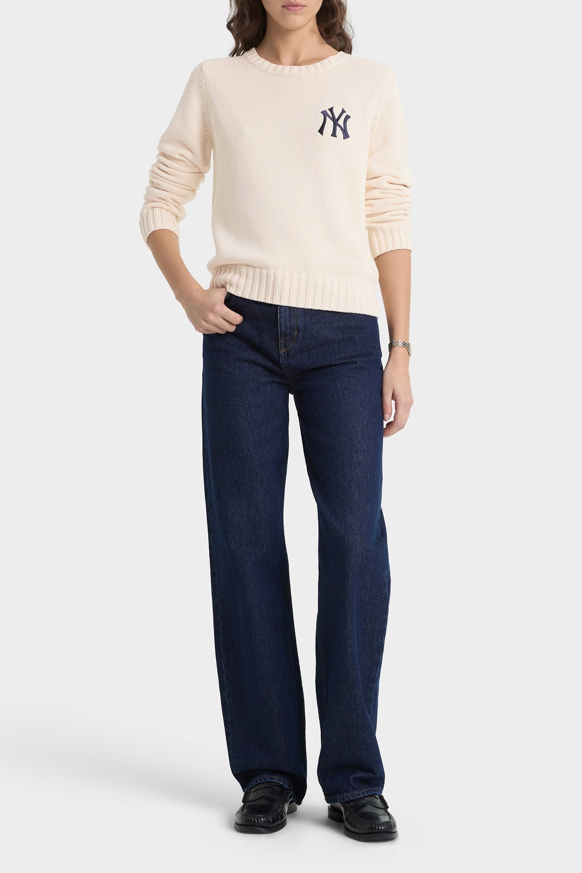 Pull Heritage Yankees Serif en maille - Écru & Bleu Marine