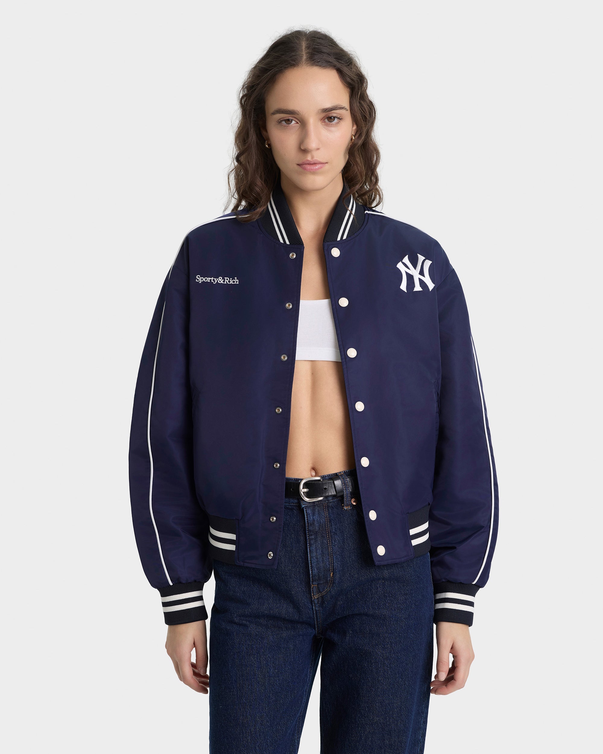 Veste universitaire en nylon Yankees Curve - Bleu marine/Blanc