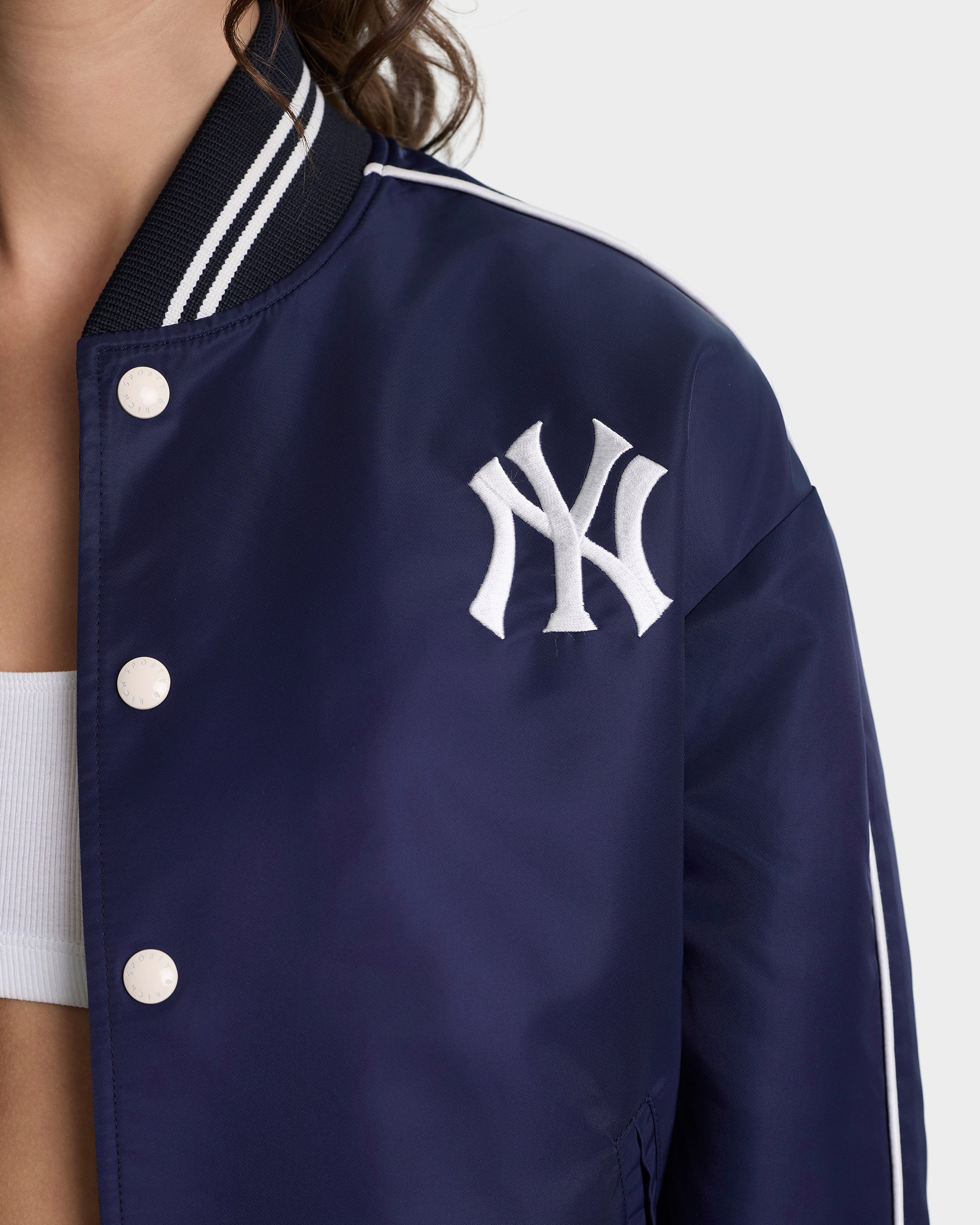 Veste universitaire en nylon Yankees Curve - Bleu marine/Blanc