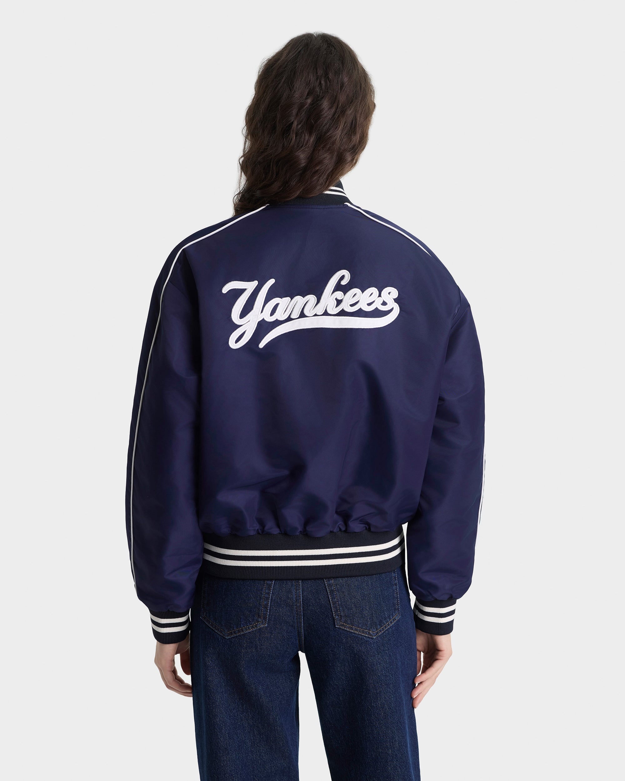 Veste universitaire en nylon Yankees Curve - Bleu marine/Blanc