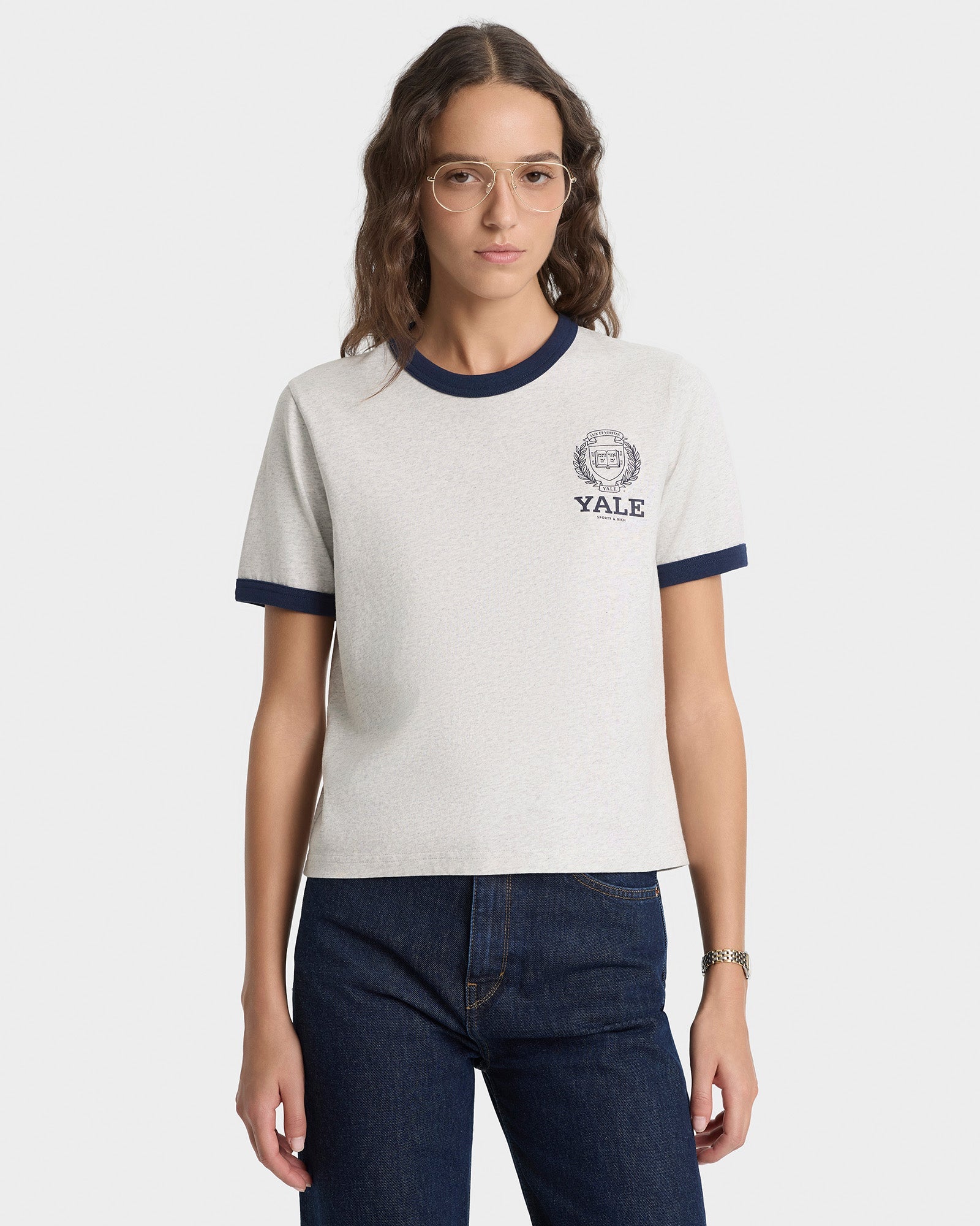 T-shirt à col rond avec emblème de Yale - Gris chiné/Bleu marine