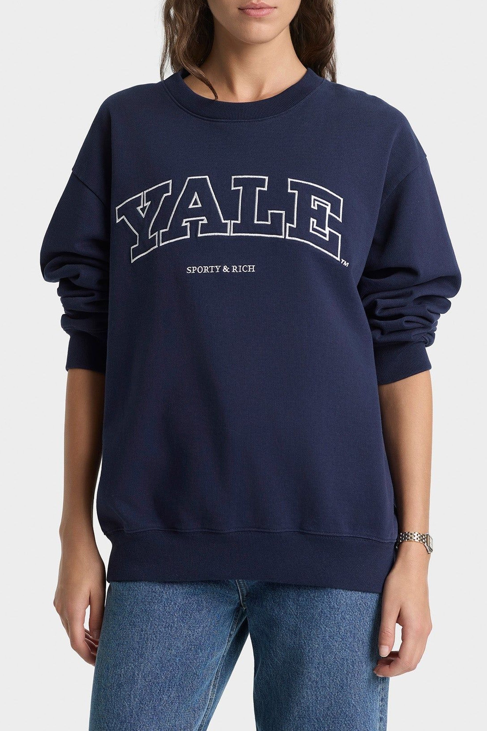 Pull à col rond Yale Ivy - Bleu Marine & Blanc