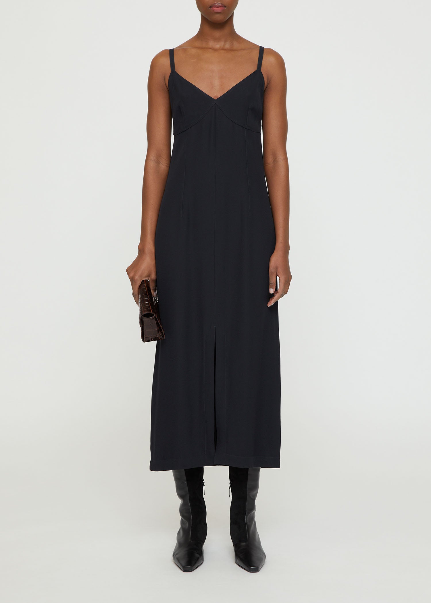 Short slit satin cami dress - Navy