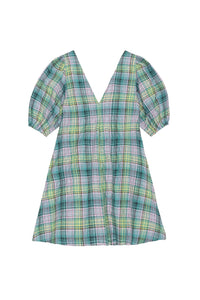 Short crepe V-neck check dress - Lagoon