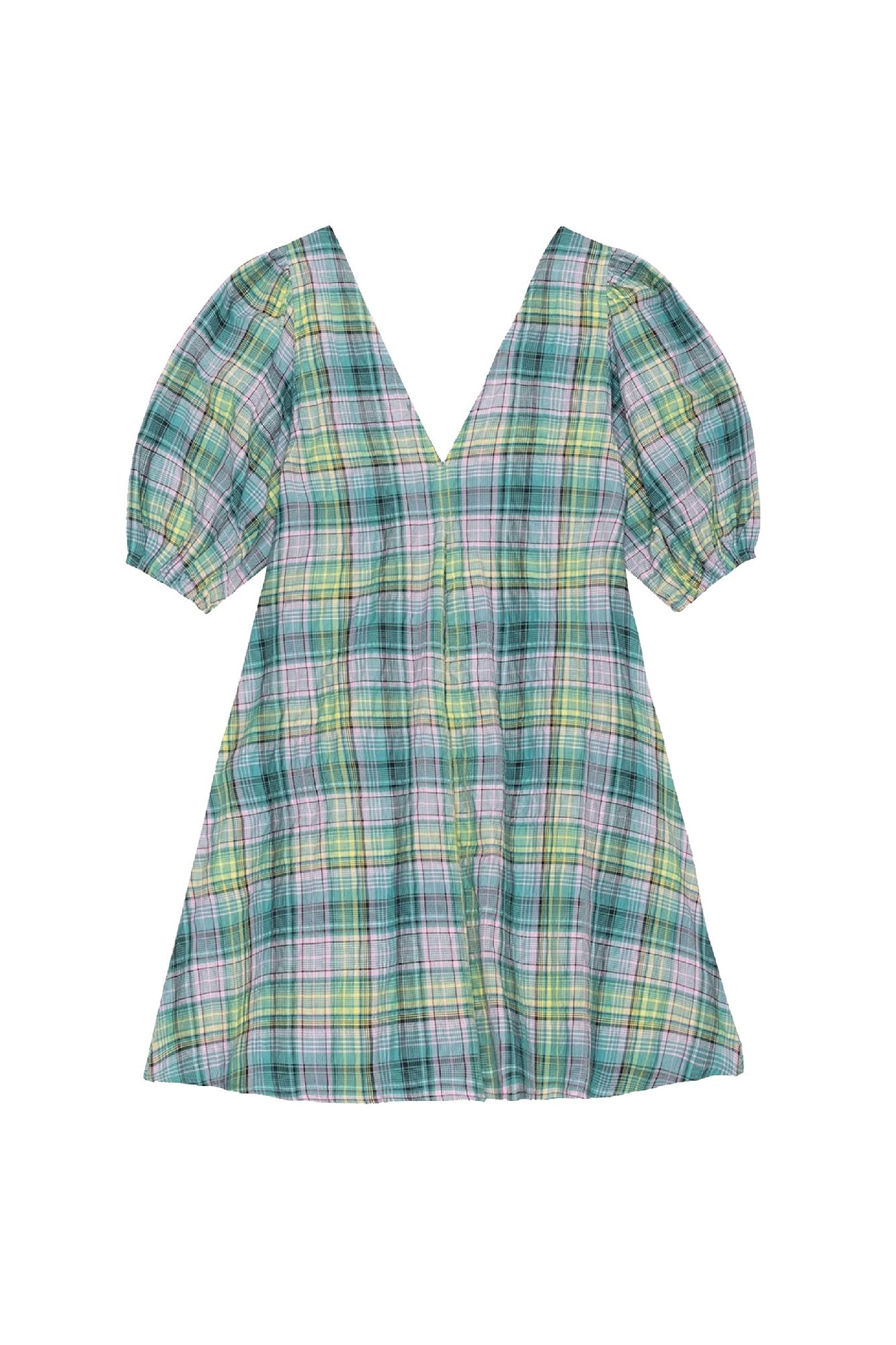 Short crepe V-neck check dress - Lagoon