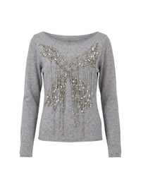Pull orné de perles et sequins en laine mélangée - Grigio Perla Melange
