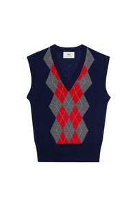 Pull sans manches à motif argyle en laine - Navy & Heather Grey & Red
