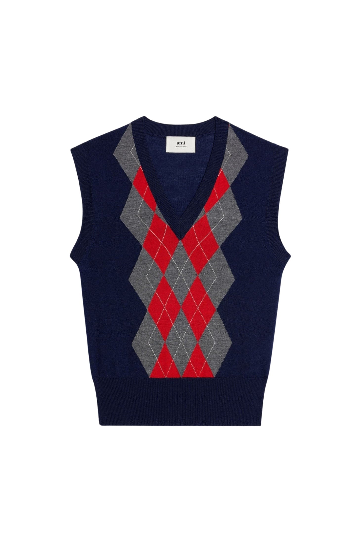 Pull sans manches à motif argyle en laine - Navy & Heather Grey & Red