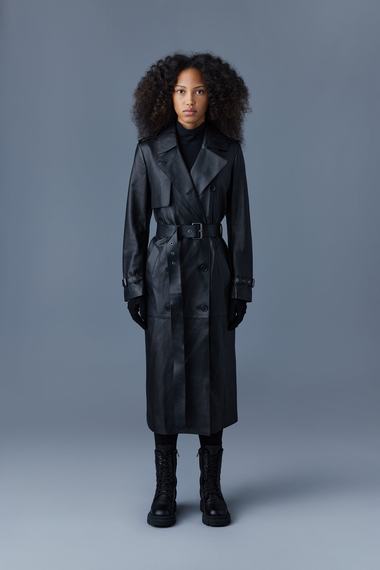 Trench coat long Gael ceinturé en cuir - Black