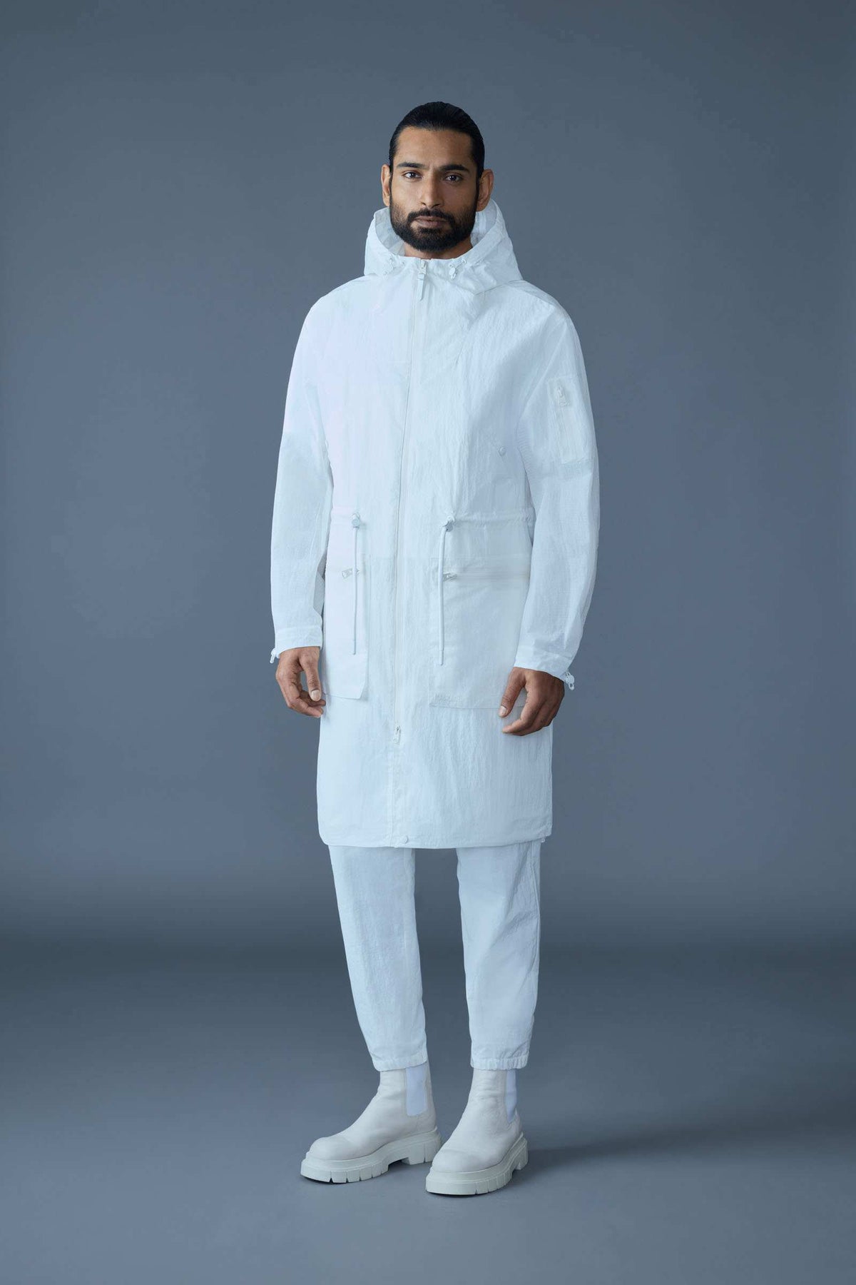 White Men's Hooded Rainwear/ Rainproof Coat