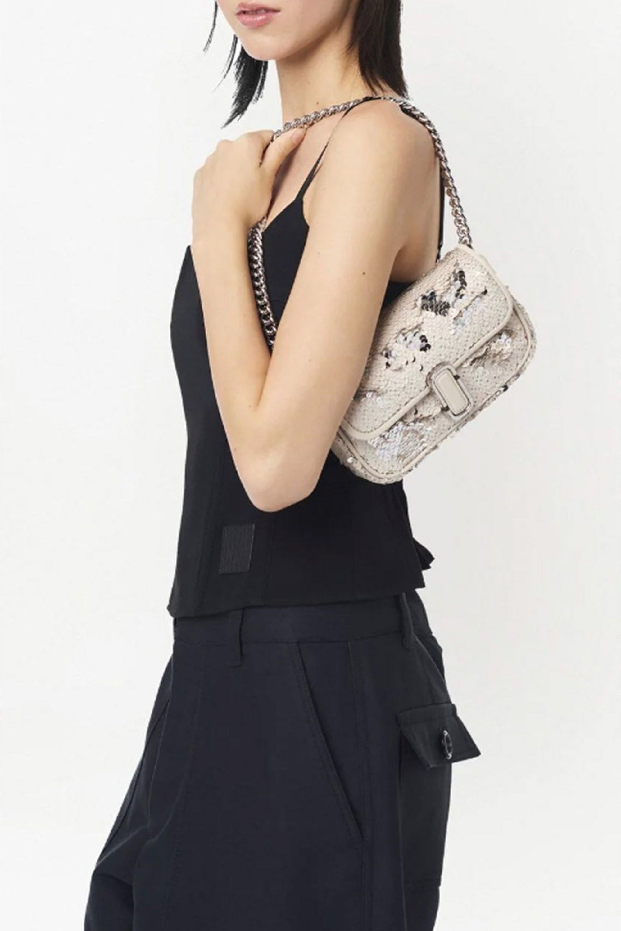 Petit sac à bandoulière avec sequins - Beige, Argente