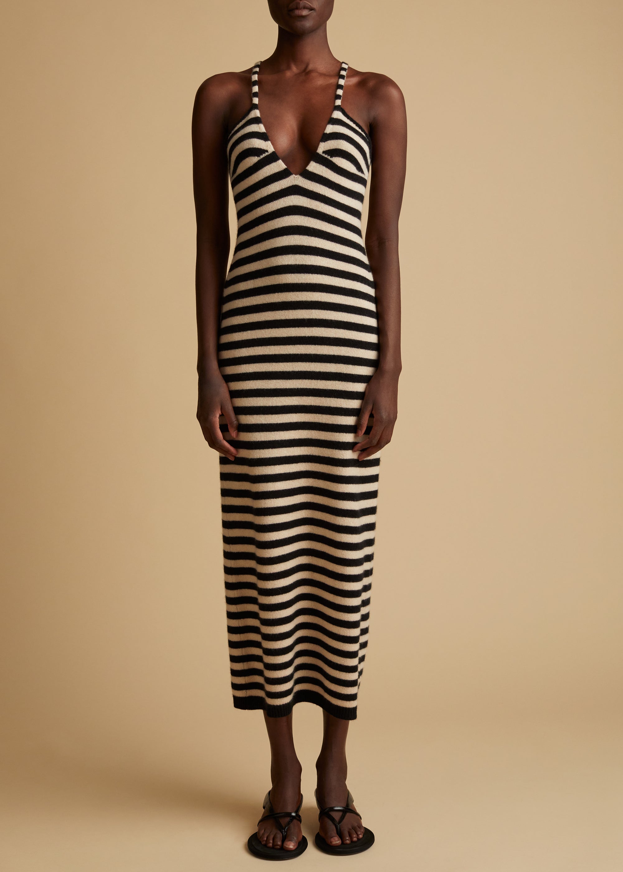 Georgia dress in cashmere - Black & Custard Stripe