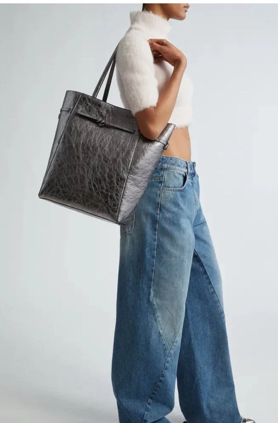 Cabas Voyou moyen en cuir laminé - Gris Argente