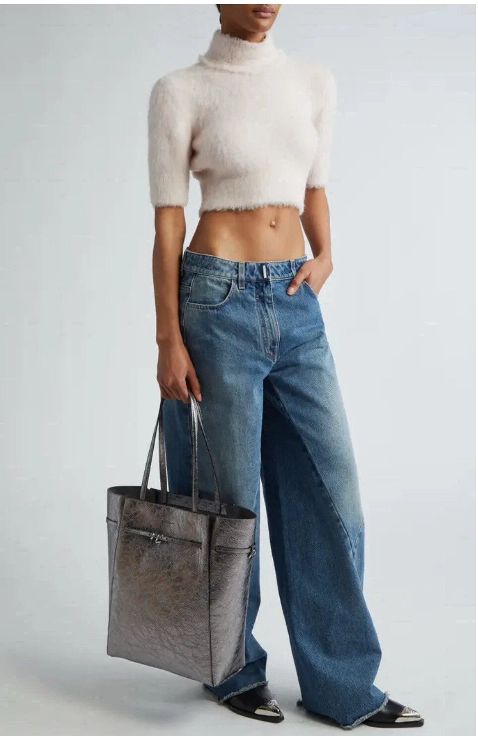 Cabas Voyou moyen en cuir laminé - Gris Argente