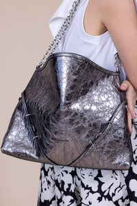Sac Voyou moyen en cuir laminé - Gris Argente