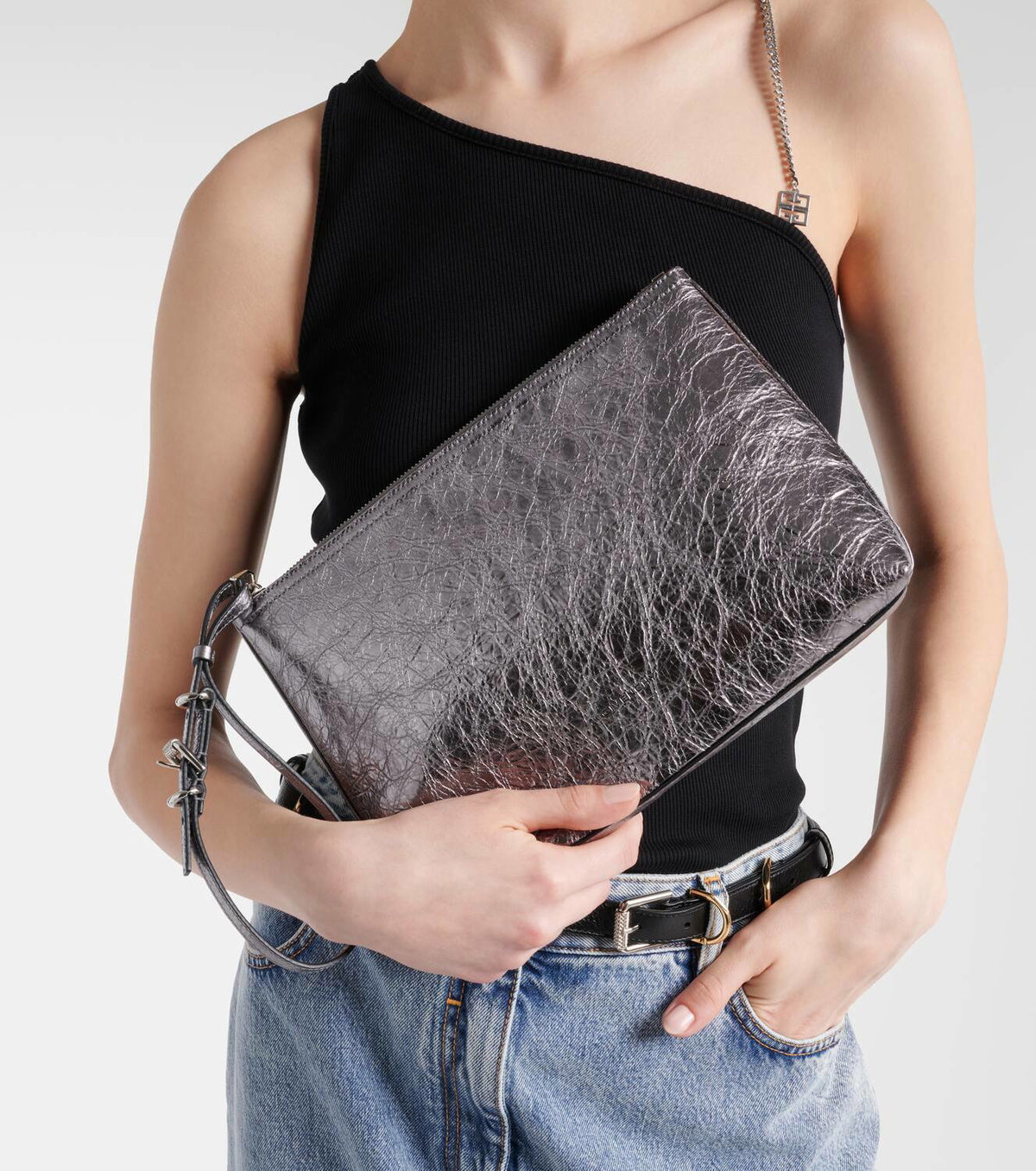 Pochette Voyou en cuir laminé - Gris Argente