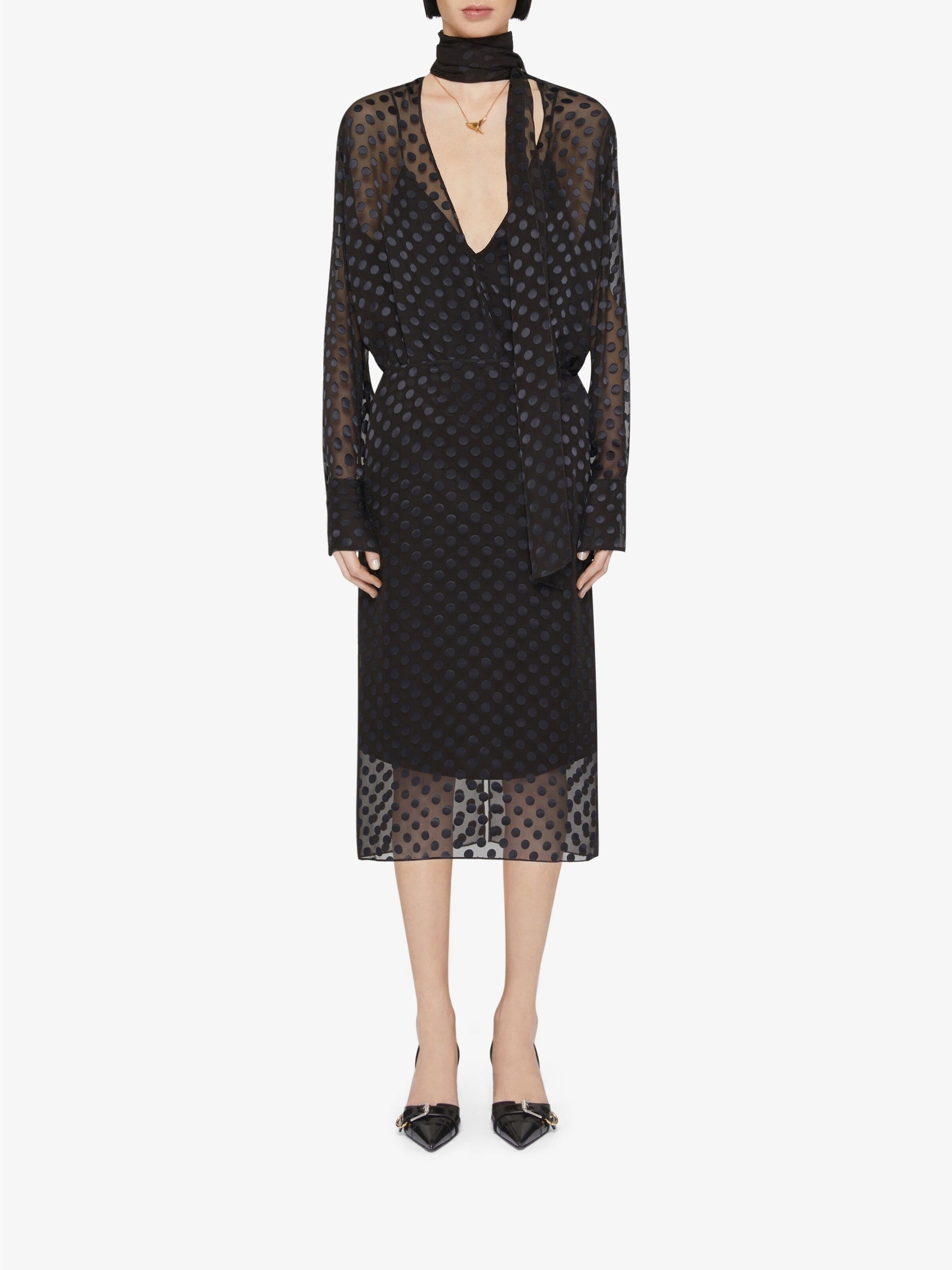 Blouse à pois avec lavallière en satin - Noir