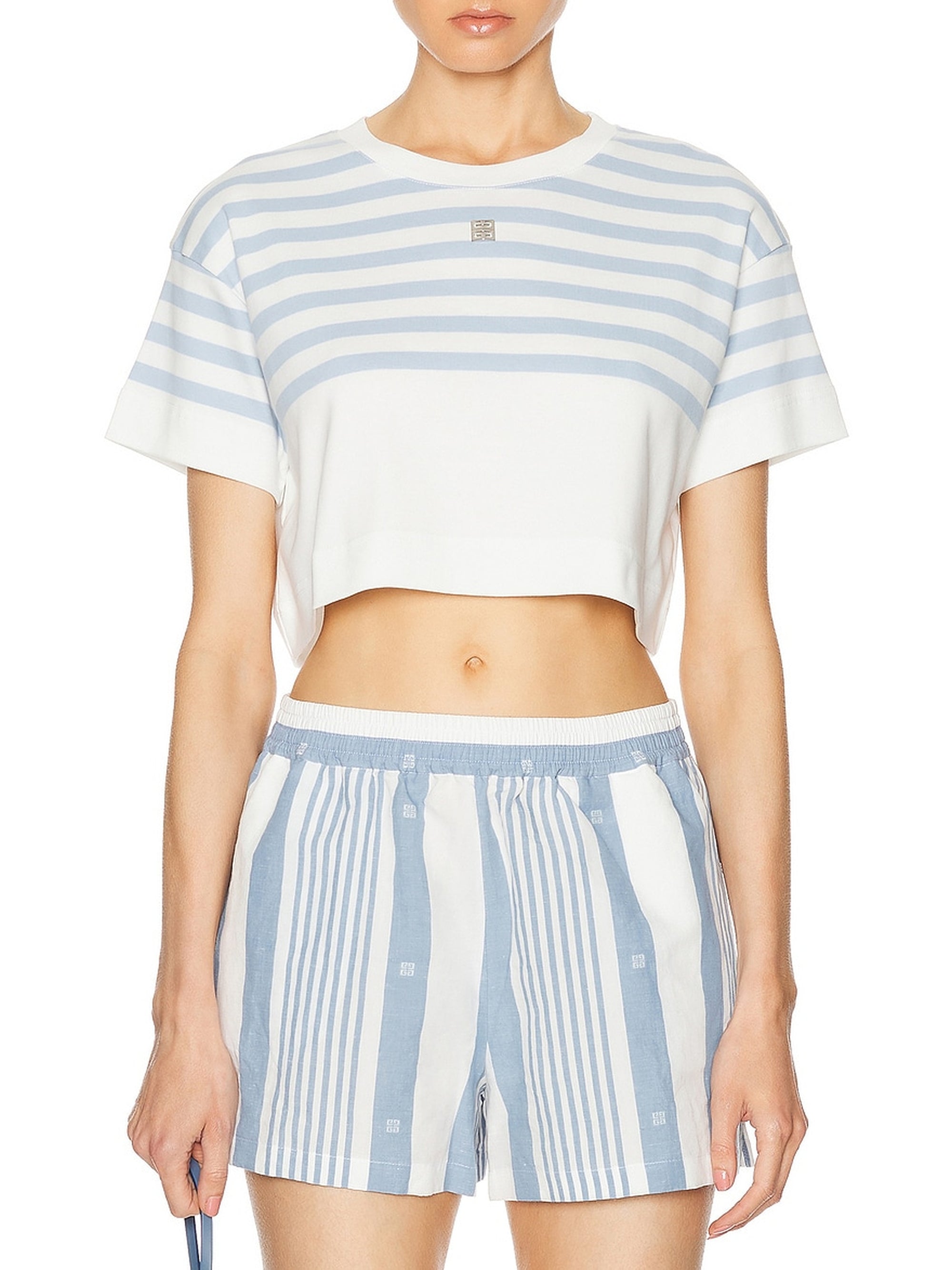 T-shirt rayé cropped à détail 4G - White & Light Blue