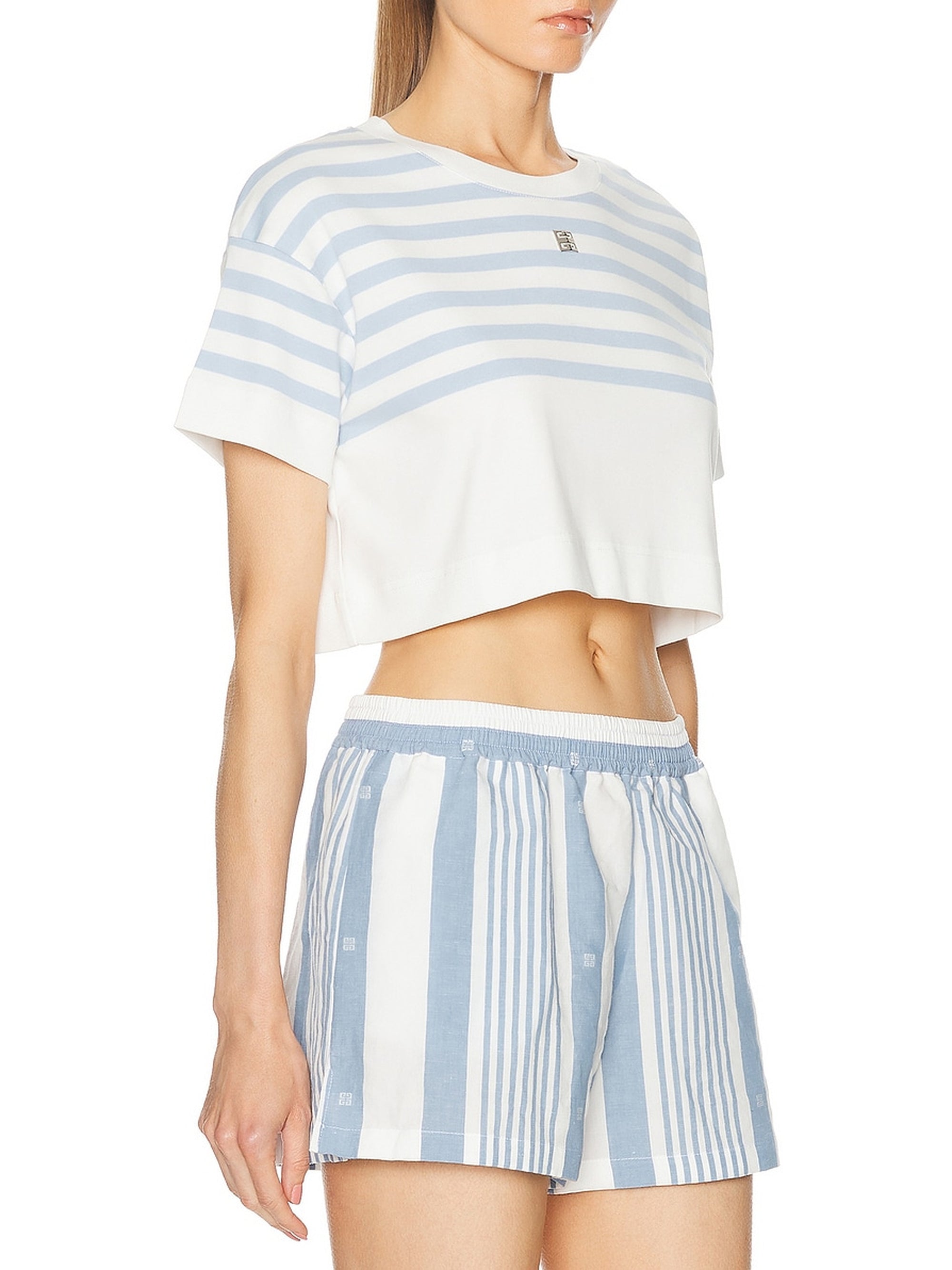 T-shirt rayé cropped à détail 4G - White & Light Blue